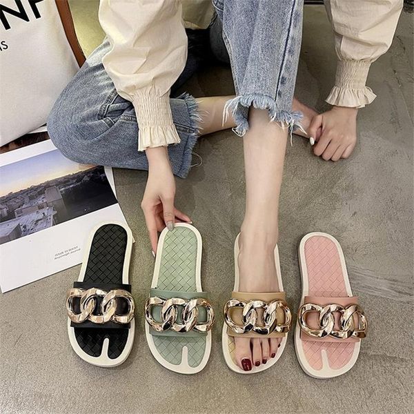 

slippers 2021 chaussures plates women shoes summer fashion chain woman casual lady flat pantufa chaussure femme, Black