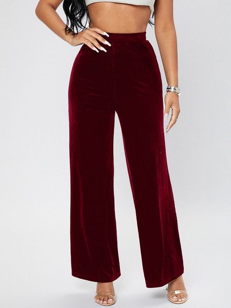 

petite solid high waist velvet pants l4xu#, Black;white