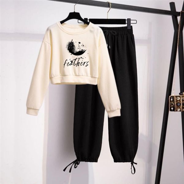 

women's tracksuits women leisure suit autumn winter round neck sweater student korean loose fashion pants crop two piece set female clo, Gray