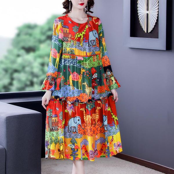 

casual dresses spring boho animal print mulberry silk long sleeve dress 2021 summer loose 4xl plus size women midi elegant vestido, Black;gray