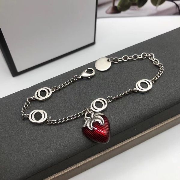 

s925 cuffs silver red strawberry letter bracelet, european and american retro style, jewelry, birthday gift, White