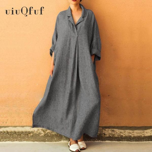 

casual dresses women's cotton linen vintage maxi large plus size long sleeve loose solid dress turn down collar female elegant clothes, Black;gray