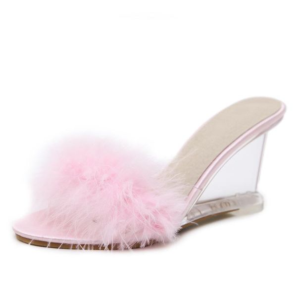 

slippers womens ladies summer style fashion faux fur transparent wedegs high heels slides sandals china shoes woman f45, Black