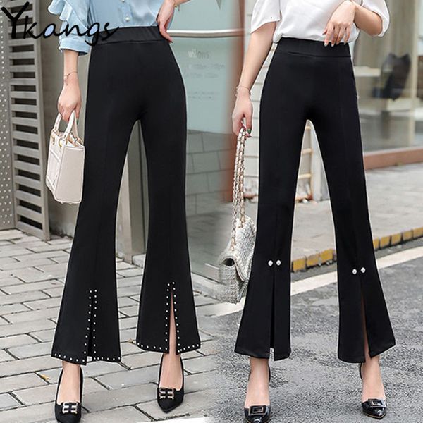 

2021 office ladies lace pearl rivets slit flare ny plus size women's high waist stretch pants female work black elastic trousers 2u49, Black;white