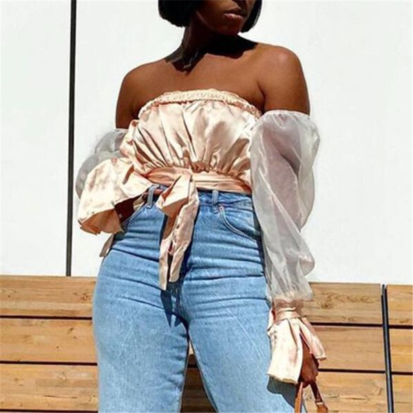 

women off-shoulder crop summer spring shirt long sleeves lace up puff long sleeve summer clothing 2021, White