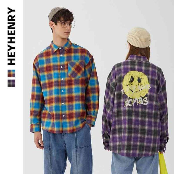 

henry national plaid smile autumn long sleeve shirt couple's wear yuansu men's fashion brand, White;black