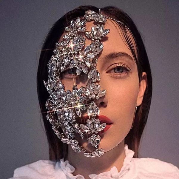 Ganze Mode Halloween Hälfte Gesichtsmaske Strass Für Frauen Bling Silber Farbe Blatt Gesichtsmask Kristall Dance Schmuck