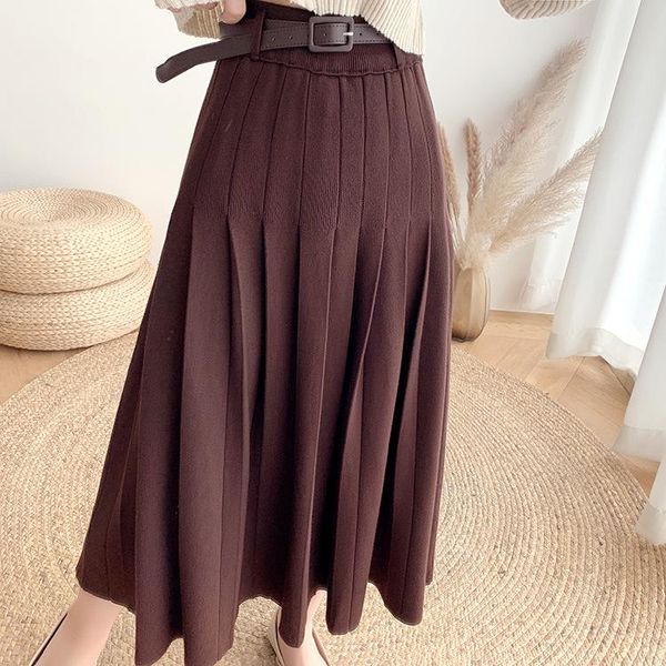 

vintage wild waistband pleated long skirt 2021 knitted skirt loose leisure high waist pure color, Black
