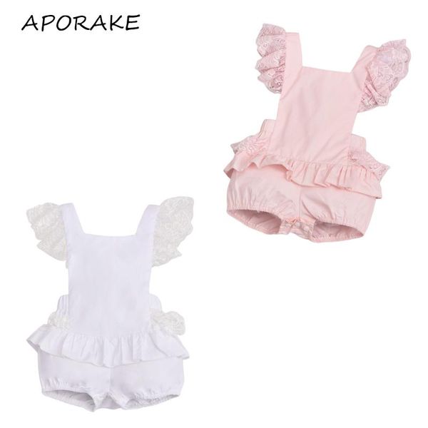 

jumpsuits 2021 0-12m borin baby girls sweet lace sleeve romper summer solid color ruffle cross straps backless playsuit, Blue