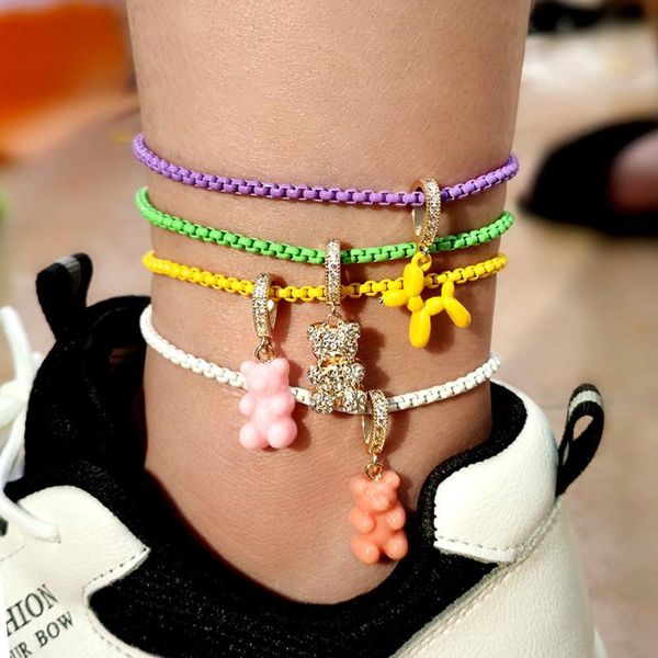 

anklets korea cute resin bear balloon dog cz charm for women rainbow enamel metal anklet 2021 sweet girls birthday foot jewelry, Red;blue