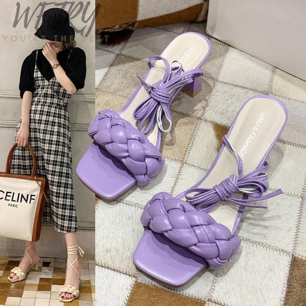 

woman sandals 2021 summer thin high heels sandals weave square toe slippers ladies heel ladies leather shoes big size, Black