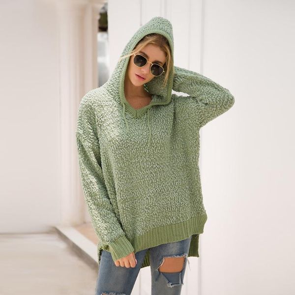 

ethnic clothing american clothes for women 2021 elegant pure color long sleeves pullover split knitted sweater with hood casual, Red