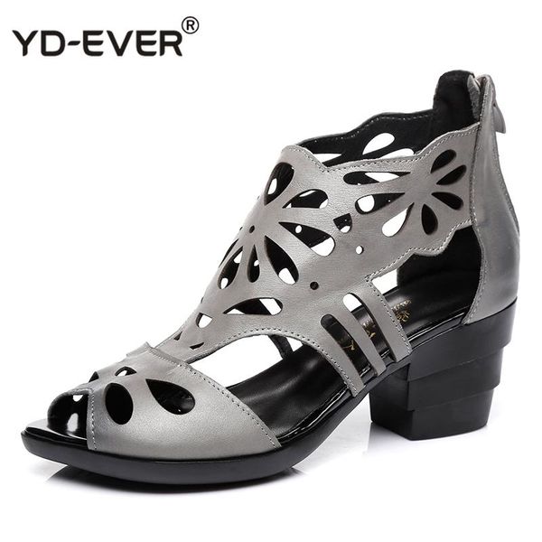 

dress shoes real cowhide hollow summer women sandals fashion leather thick heel rome woman, Black