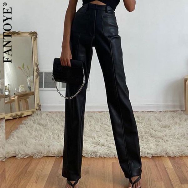

2021 new fashion black pu leather women high waist pockets wide leg pants femme pantalon elegant solid bodycon trousers uliy, Black;white
