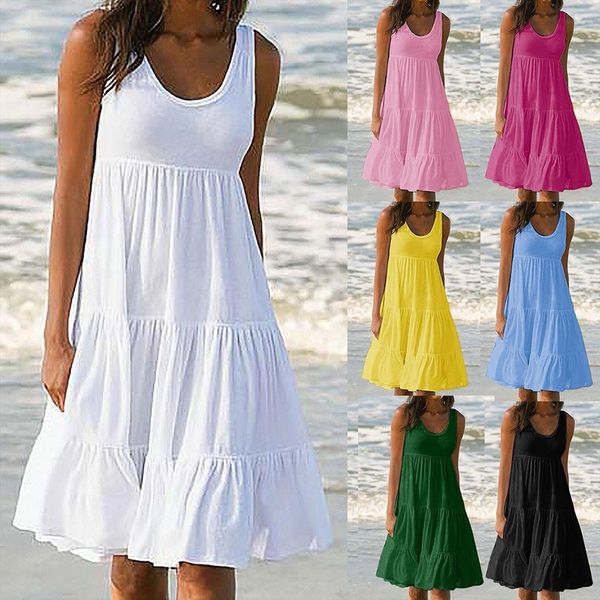 

elegant summer sleeveless women dresses round neck solid color splicing big swing beach off shoulder party vestidos, Black;gray