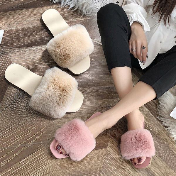

slippers women furry women's fur casual shoes warm bedroom slipper ladies cute plush hair fluffy indoor shoe 2021 autumn, Black