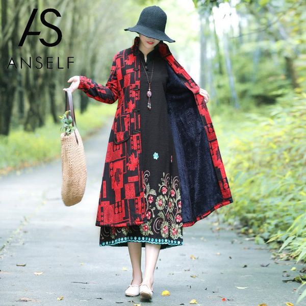 

women's jackets women jacket vintage long coat plus size geometric print knot button fleeces warm overcoat wind robe outwear 3xl, Black;brown