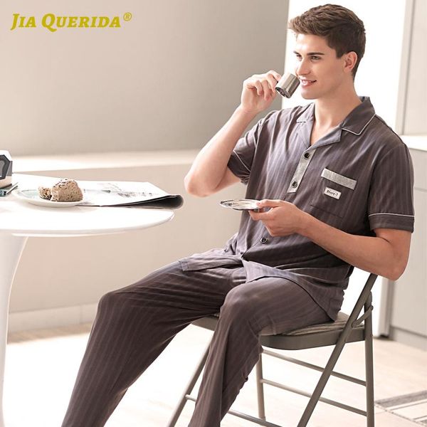 

new front pocket man pajamas set homesuit homeclothes fashion style casual style short sleeve long pants solid turn down collar, Black;brown