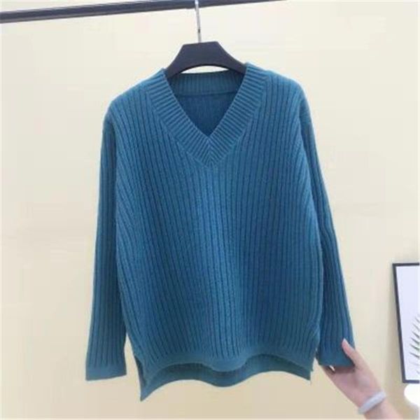 

women's sweaters spring autumn 2021 solid color v-neck loose knit sweater women stretch side split bottoming pullover female, White;black