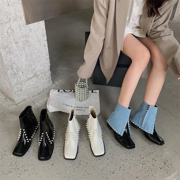 

boots split fork denim trouser female short pearls soft leather ankle thick heel square toe high women's, Black