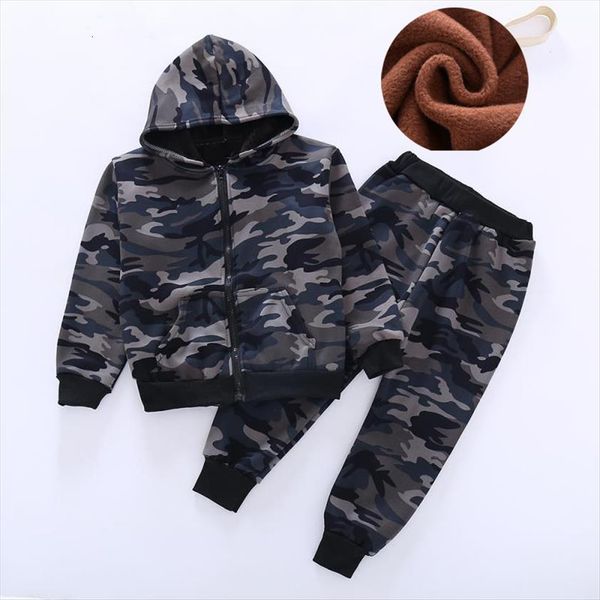

winter kids warm clothing military camouflage sets hooded coat pants child puls velvet clothes suits boys girls outfits, White