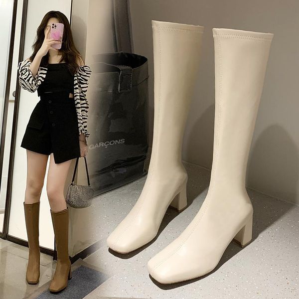 

boots 2021 high heels knee-length women stretch thigh ladies autumn winter kid suede thick heel long shoe, Black