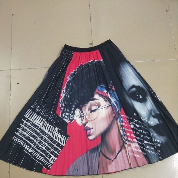 

new 2021 women high wiast cartoon pattern pleated summer casual plus size a-line midi skirts streetwear jfcd, Black