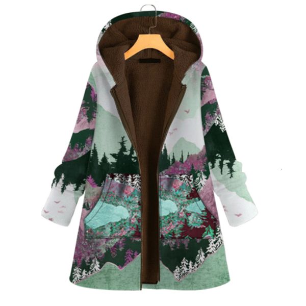 

2021 new ladies winter retro warm veet casual zipper hooded jacket pocket landscape print pattern female clothes y6dm, Black;brown