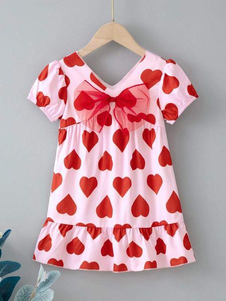 

toddler girls heart print puff sleeve bow front ruffle hem dress she, Red;yellow