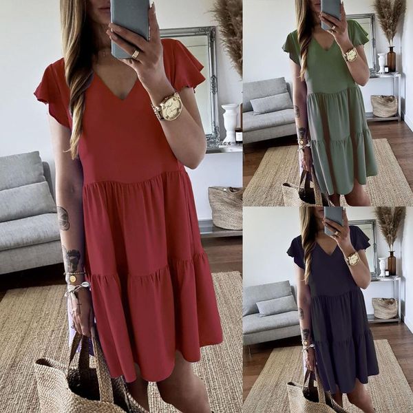 

casual dresses women summer loose boho high waist dress evening party beach sundress short sleeve comfortable solid mini, Black;gray