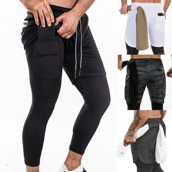 

men's pants men joggers 2 in 1 leggings compression security pockets gym sports built-in hips zipper fitness, Black