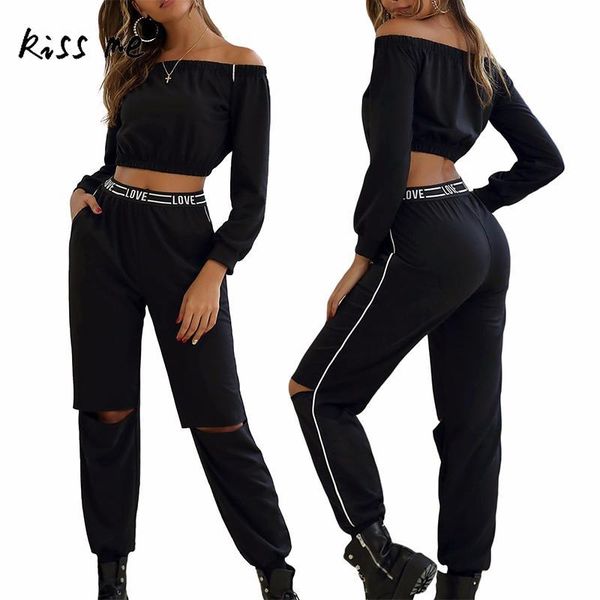 

gym clothing black women sport suit off shoulder running sportswear knee hollow out nine point pants crop high waist female training, White;black