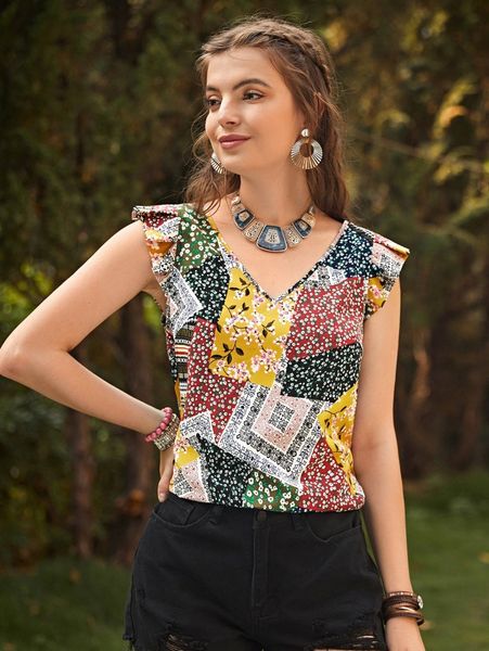 

ruffle trim patchwork print t4qk#, White