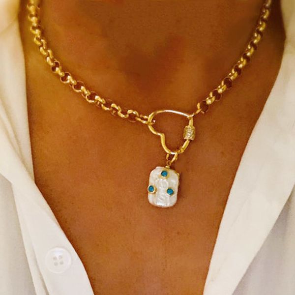 

women fashion punk chain necklace heart-shaped spiral buckle decoration men short necklace unique natural pearl pendant jewelry y200918, Silver