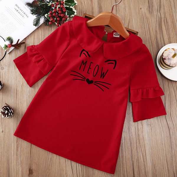 

baby girls clothes dress spring autumn children outfits printed middle child dresses with red letter cat lapels and half sleeves girl clothi, Red;yellow