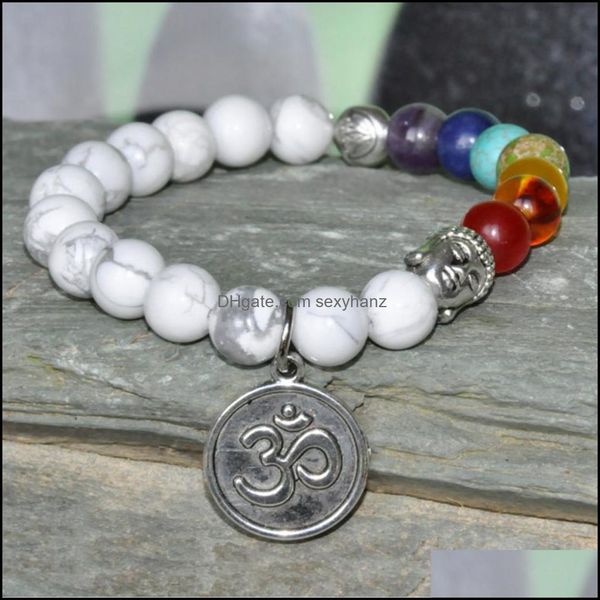 

beaded, strands bracelets jewelry buddha bracelet,lotus flower, howlite gemstone, wrist mala, 7 chakra bracelet, , om yoga ,mala prayer drop, Black