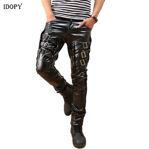 Idopy Ankunft Herren Koreanische Gothic Punk Party Kostüm Kunstleder Hosen PU Schnallen Hip Hop Schwarze Hose Männlich 210715