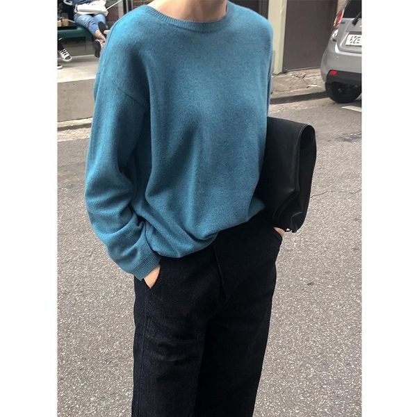 

autumn and winter new pure color round neck sweater women's versatile lazy style multi color korean loose thin bottomed knitted, White;black