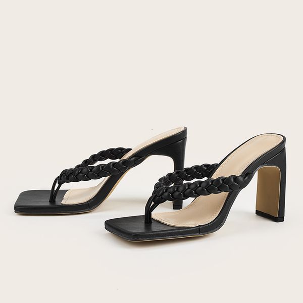 

2021 new ins fashion high heels mules women flip flops braided pu leather sandals woman shoes ladies square open toe party pumps 6hx5, Black
