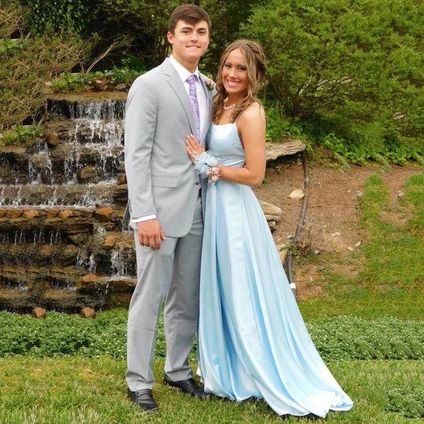 

sky blue satin long evening dresses sleeveless floor length formal prom gowns sweep train robe de soiree, Black;red