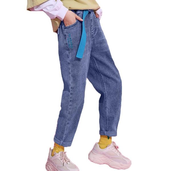 

jeans fashion for girls denim children's casual trousers kid straight with belt girl's clothes 6 8 10 12 14, Blue