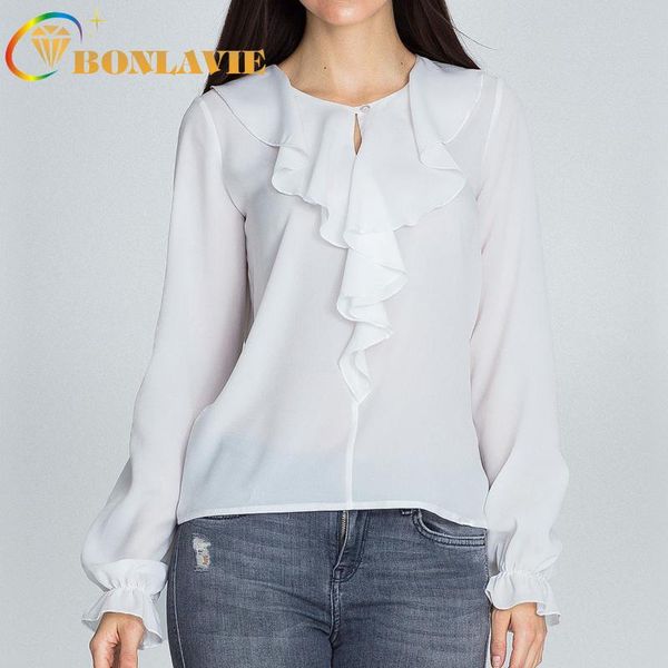 

women's blouses & shirts spring autumn clothing chiffon blouse full sleeve round collar solid color women casual shirt ruffles size s t, White