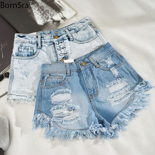 

women's jeans bornsra summer high waist denim shorts women korean solid cuffed tassels ripped holes blue