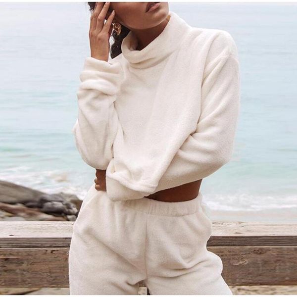 

women's two piece pants women fleece set winter solid velvet half high collar tracksuit loose long sleeve cropped and harem pant suits, White