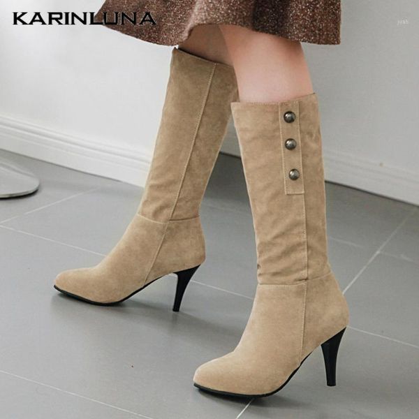 

boots karin high qulity shoes women trendy mid-calf flock rivet solid thin heels slip-on leisure footwear1, Black