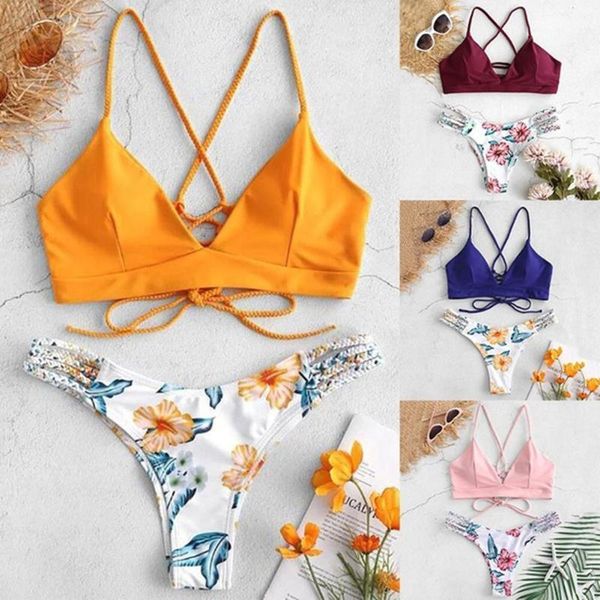 

women's swimwear two-piece women floral print knitted bandage bikini set swimsuit, White;black