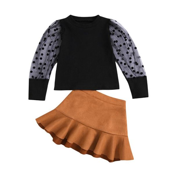 

clothing sets 2-7y autumn fashion kids girls clothes polka puff sleeve solid t shirts ruffles a-line skirts 2pcs, White