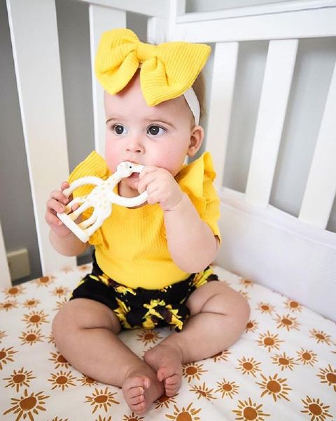 

clothing sets summer born baby girls clothes sleeve romper sunflower shorts headband 3pcs outfits set for 3-18 months, White