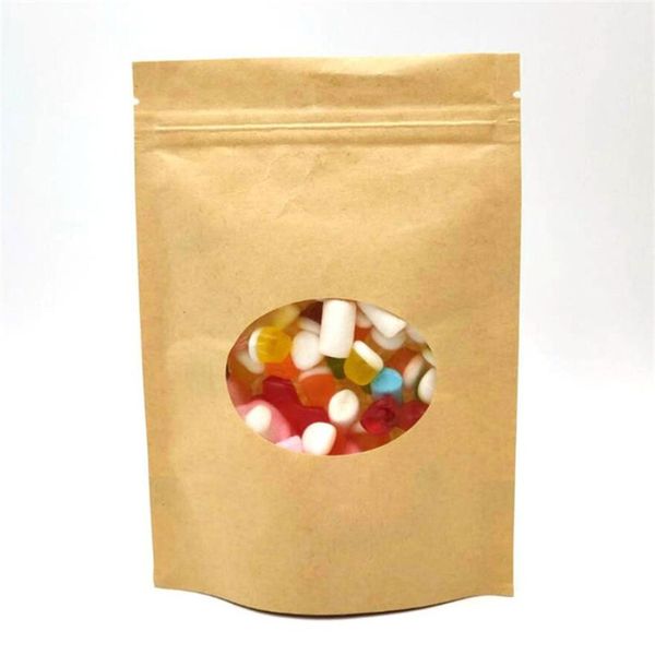 100 pçs / lote kraft papel sacos stand-up reutilizável de vedação de alimentos de alimentos de frutas sacos de armazenamento de pacote de chá com janela transparente