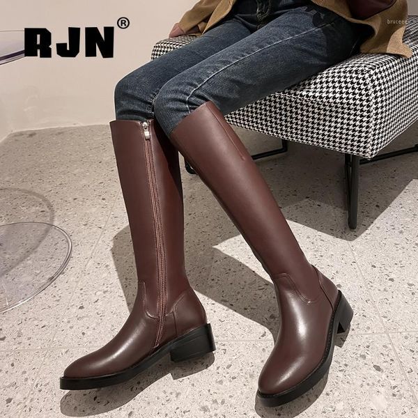 

boots rjn women's knee-high genuine leather long brown round toe elegant zipper fashion basic warm winter shoes ro4081, Black